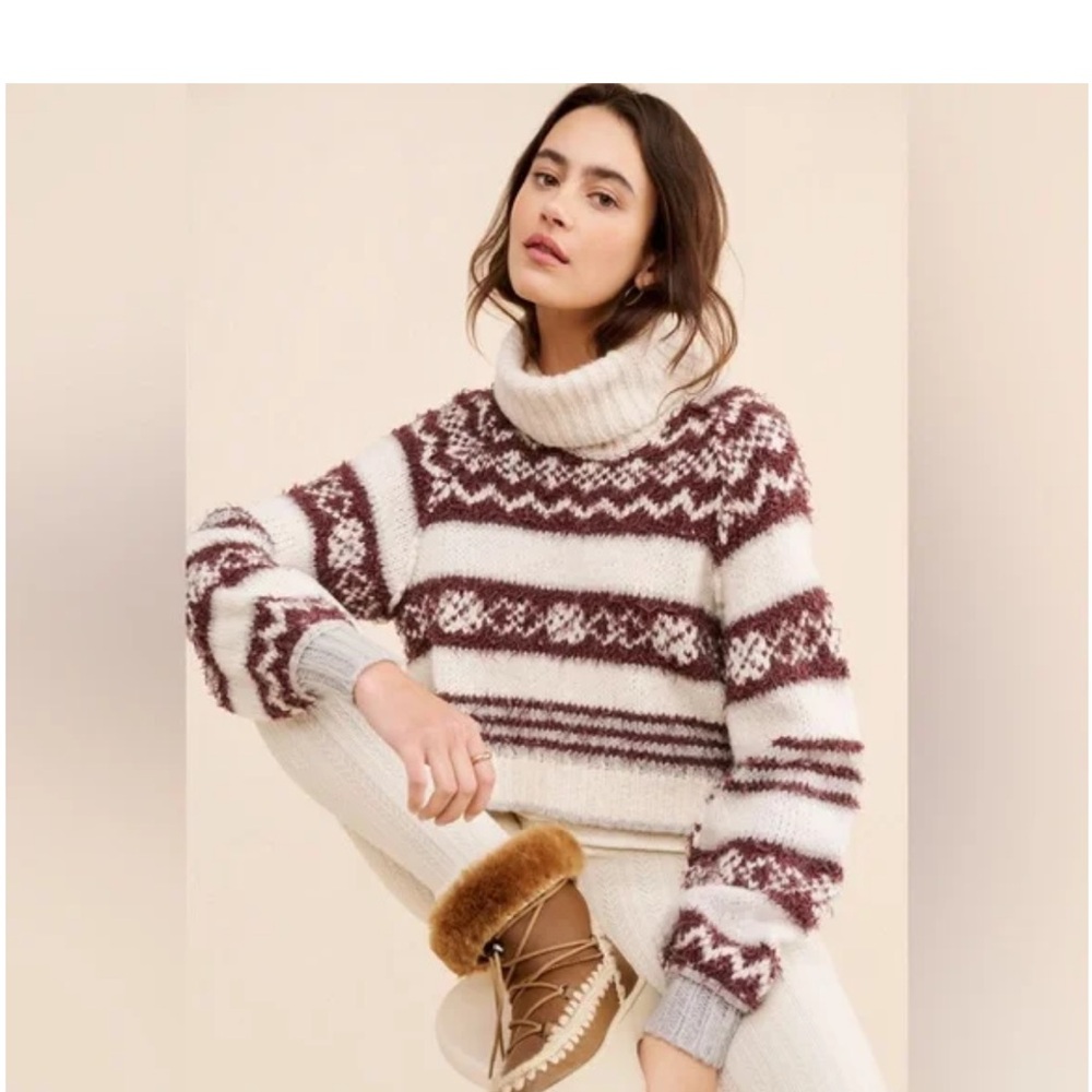 Free People Cream and Brown Patterned Cowl Sweater